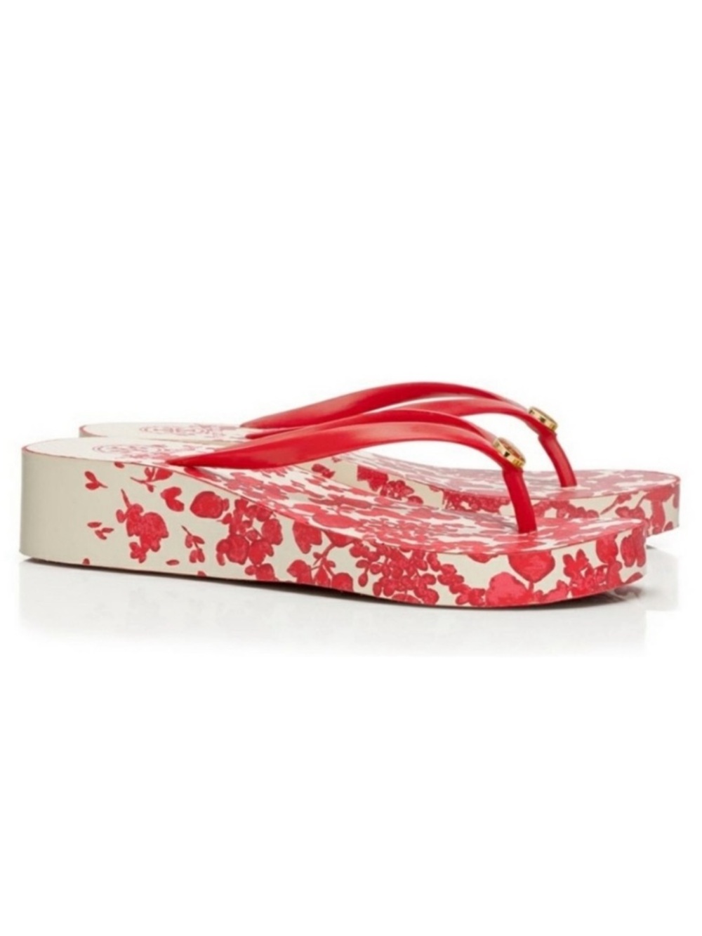TORY BURCH Thandie Wedge Flip Flops Red Pepper / Issey Fade Floral Sandals 10